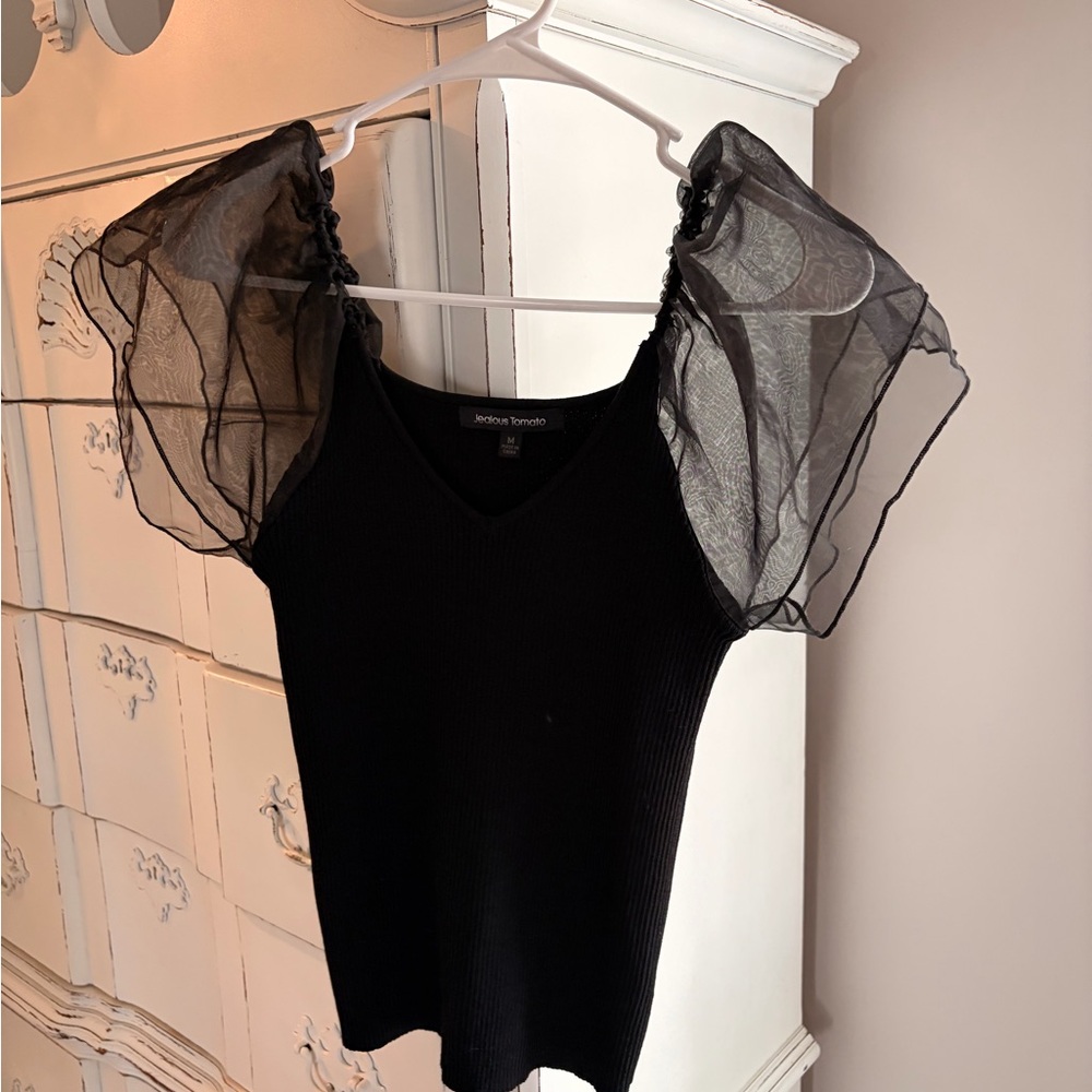 Jealous Tomato Black Tank Top with Sheer Ruffle Sleeves